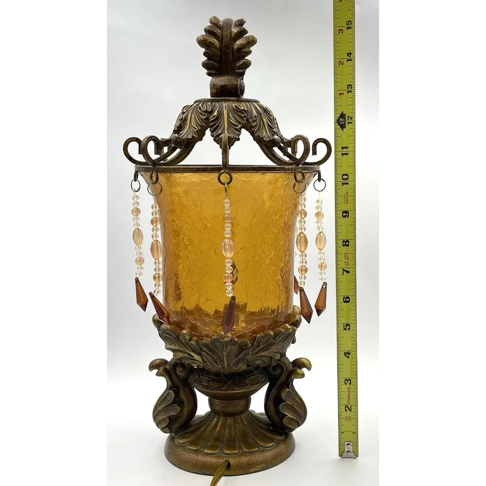 Vintage Bombay Company Bronze Amber Crackle Glass Beaded Table Lamp Tested/Works